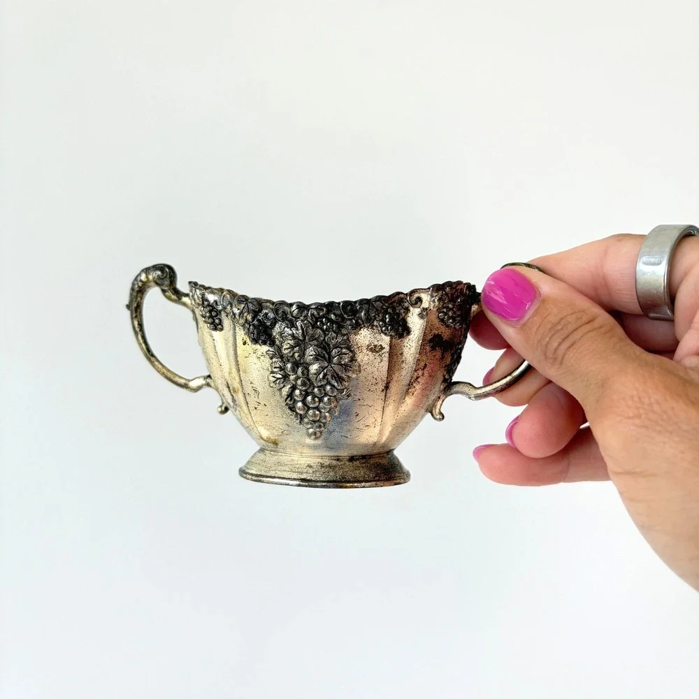 Vintage Silver Plated Creamer and Sugar Bowl Set Grape Motif Made in Japan